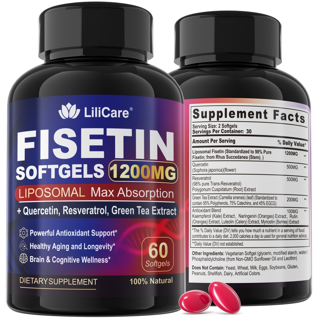 Suplimentul Fisetin - Super Absorbţie lipozomală 98% Pură 1200mg cu Querbetin, Resveratrol, extract de ceai verde pentru îmbătrânire sănătoasă & Longevitate, Sănătatea pielii, Brain & Antioxidant - 60 Softgels