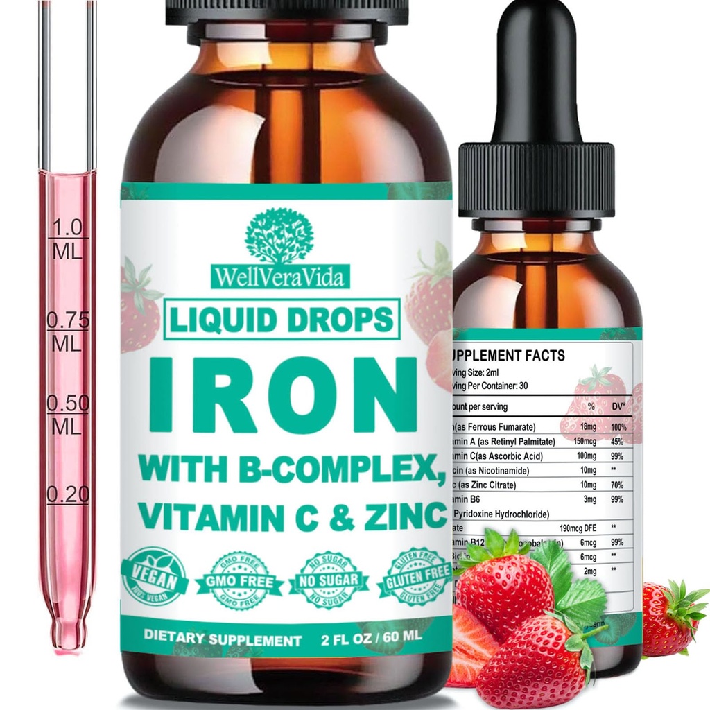 Supliment de fier lichid w/vitamina C, B-complex, lichid de fier de mare potenta w. Multivitamine, picaturi de fier Vegan pentru femei, copii, supliment de fier lichid Chelate pentru anemie, oboseală, suport de celule roșii din sânge