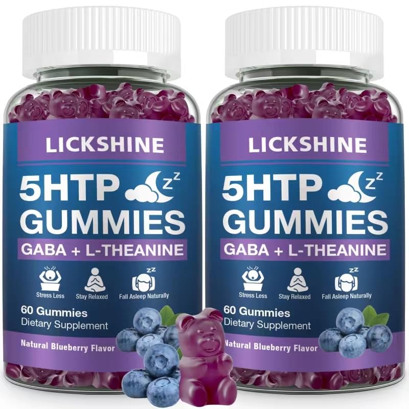 2 Pachet 300MG 5-HTP GABA Supliment de somn Gume cu 200mg L-Theanin Supliment pentru creier, Stabilizator de moda si Sleep Support, Melatonin-Free, Omega 3-6-9 pentru Zzzs naturale, Aroma de afine