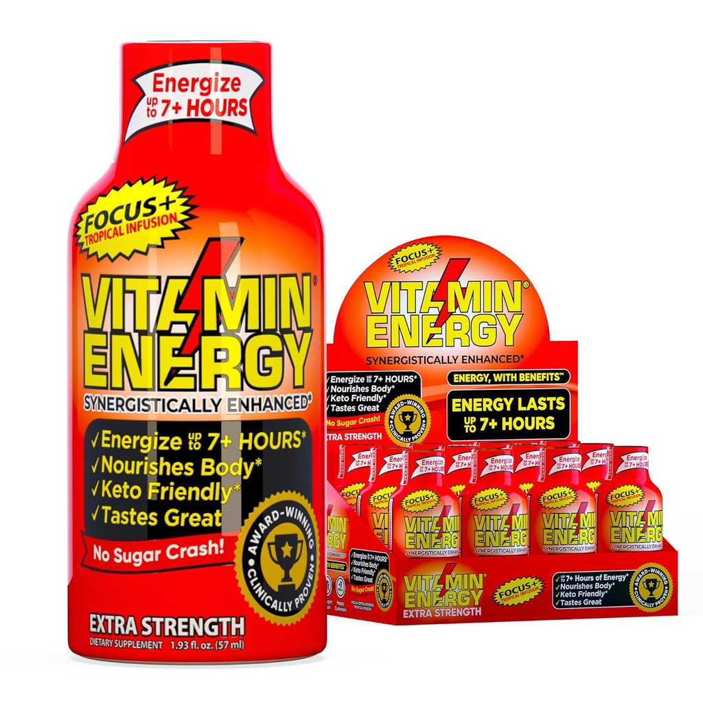 Vitamin Energy Focus+ Extra Power Energy Shot Tropical Infuzion 12 Pack, 260mg Natural Cafeina, B-Vitamina, CoQ10, Amino Acids, Focus, Productivitate & Clarity, Zero Sugar, Gluten-Free, 1.93 fl oz