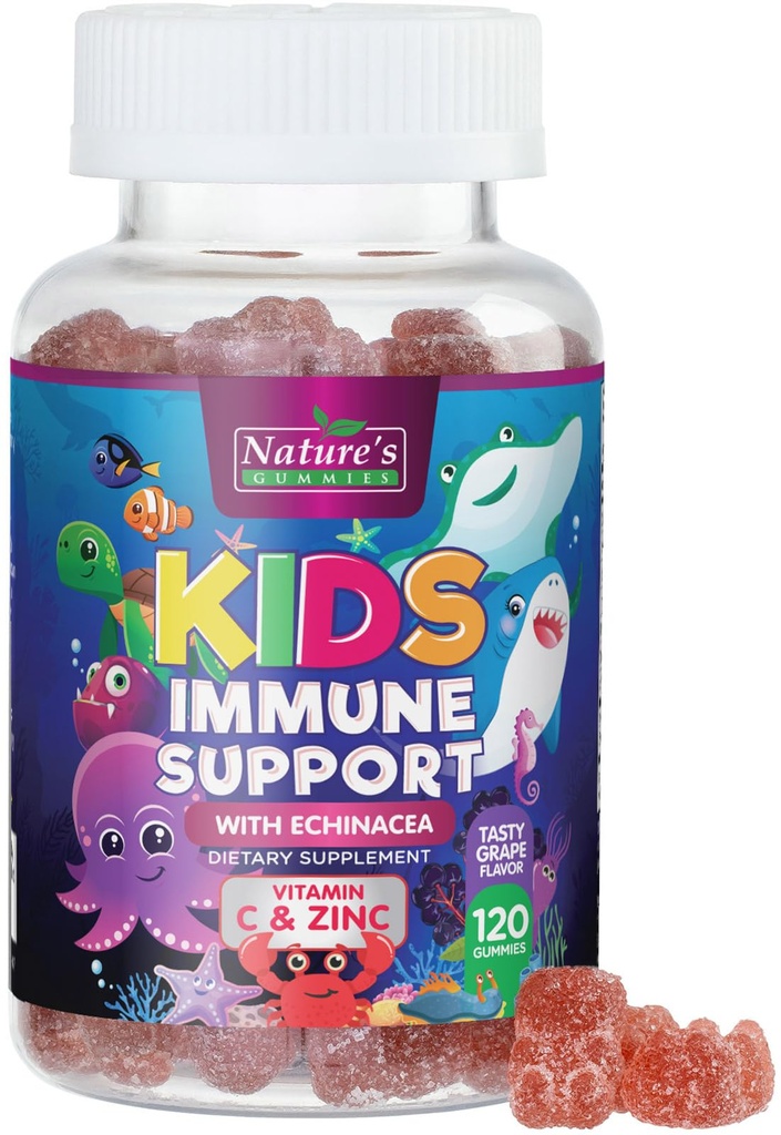 Copii Suport Imun suplimentar Gummies - Daily Children Vitamine C, Zinc & Echinacea - Gummy pentru copii Suport pentru imunitate, Vârstele 4 și în sus, Aroma naturală Berry, Non-GMO, Gluten-Free & Vegan - 120 Gummies