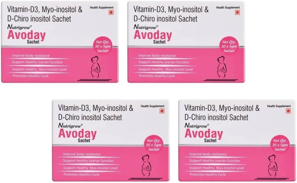NUTRIGROW AVODAY Powder Supply 40 Days/Aid Ovaral Function Support for Women - Regulează-ţi hormonii/Vitamina d3 mio-inositol & D Chiro inositol/Suplentele de sănătate/Metabolism Booster Pack of 4