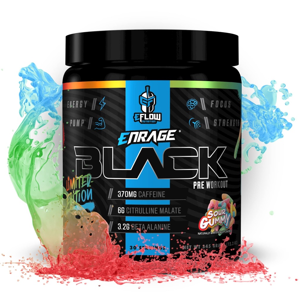 EFlow Nutriție Enraje negru mare Stimulant Pre Workout Supliment - Preworkout Pulbere la stimularea energiei, pompe și putere - 4 arome (30 Servings) (Gummy nostru)