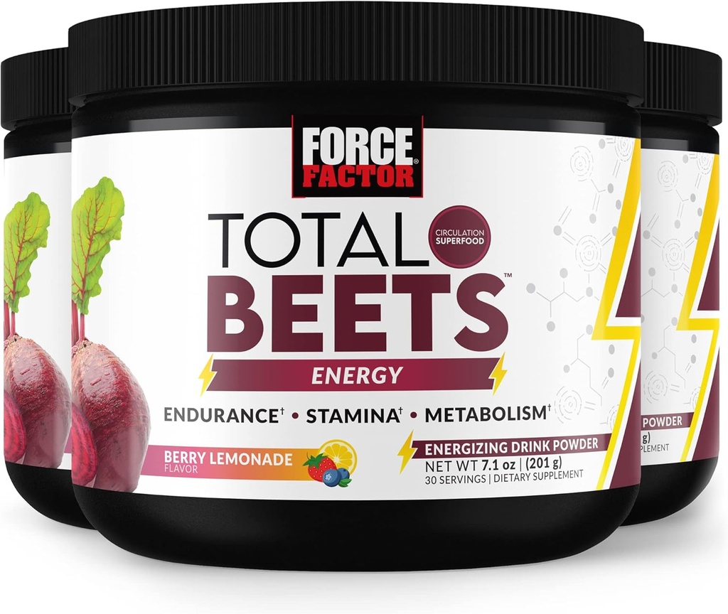 Force FACTOR Total Beets Energetic Drink Mix 3-Pack, Superfood Beet Root Powder, Nitrates to Boost Energy, Support Circulation, Blood Flow, Nitrogen oxid si rezistenta, Heart Health Supplement, 90 Servings