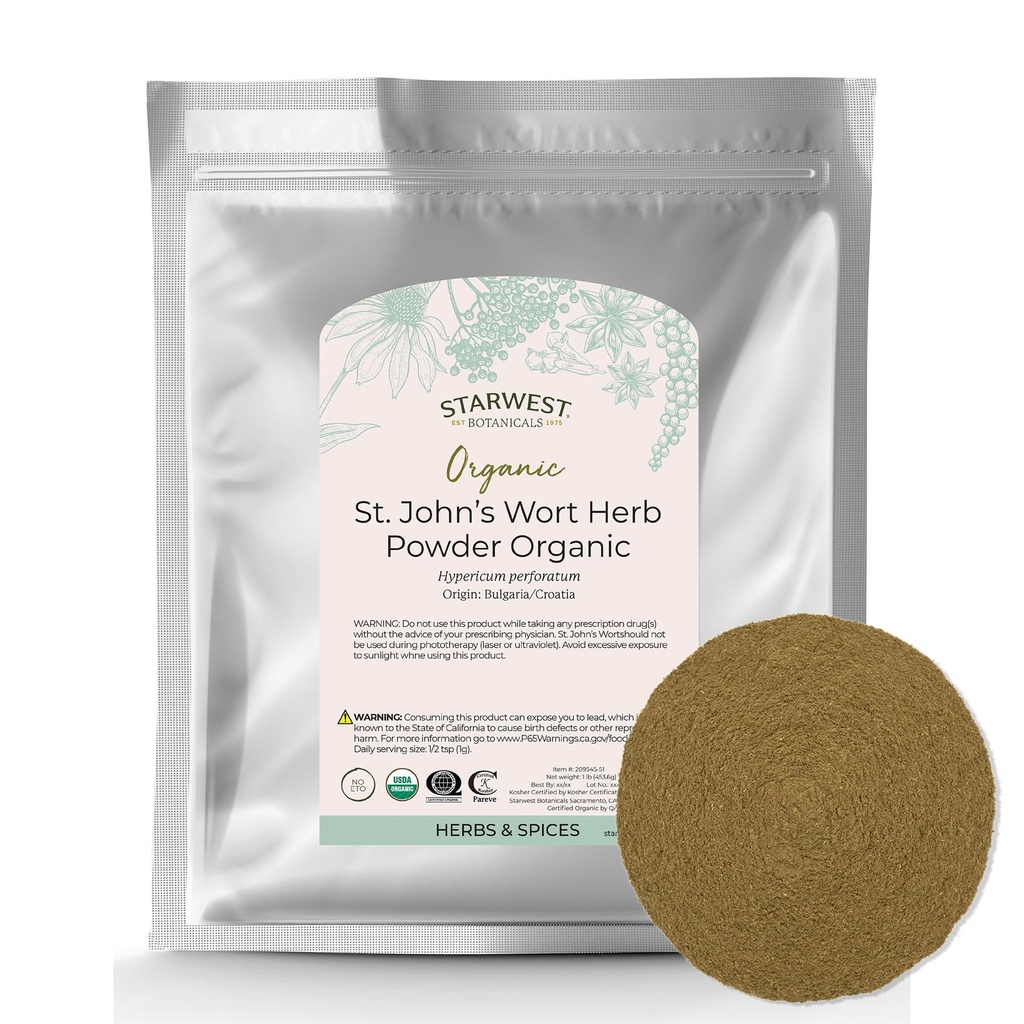 Starwest Botanics Organic St. John's Wort Powder - Herb uscat pentru ceai, Made from St. John's Wort Flower, Supports Relaxation, Certified Kosher, Non-GMO - Bulk 1 lb Bag
