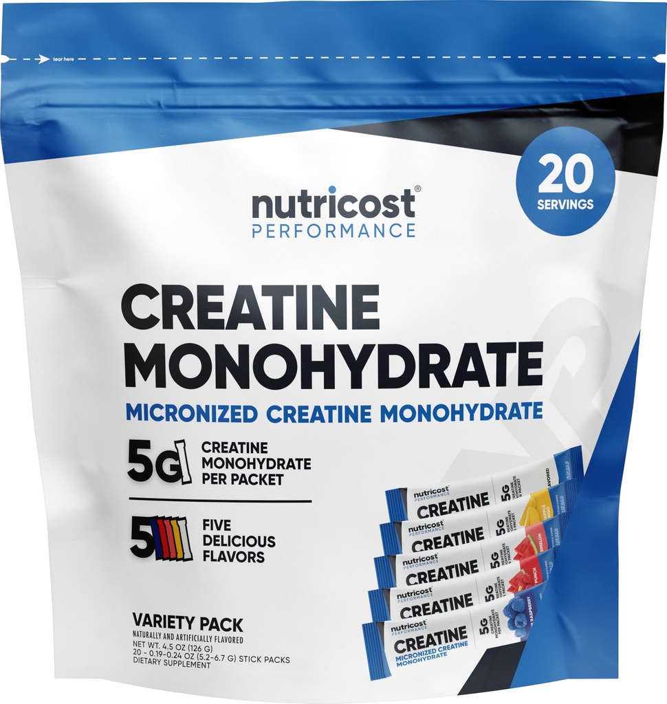 Nutricost Creatină Monohidrat Variety Stickpacks (5 arome, 20 serviri) - Micronizat, 5 grame de Creatin Monohidrat per ambalaj