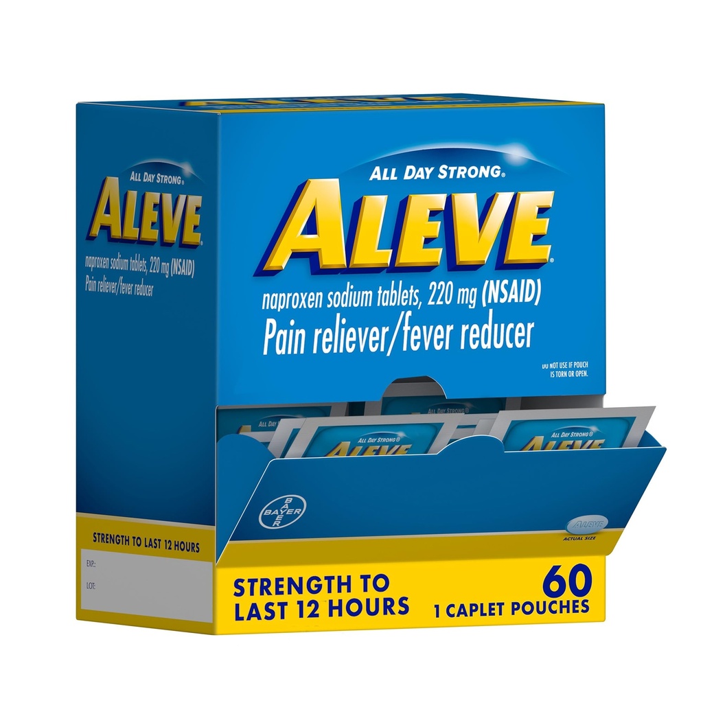 Aleve Pain Relieiver & Fever Reductor Naproxen Caplete de sodiu, Body and Artrita Pain Reliever, Medicina pentru Adulți și Copii Vârsta 12 și în sus, 60 pungi individuale