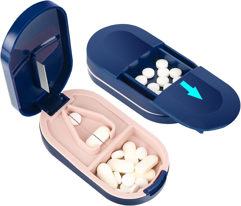 leftTOL Pill Cutter, Portable Pill Splitter 2-in-1 Pilula caz cu lama de otel inoxidabil, pentru tablete vitamine mici sau mari, Pastile tăiate cu mini Pilula Organizator Compartiment 