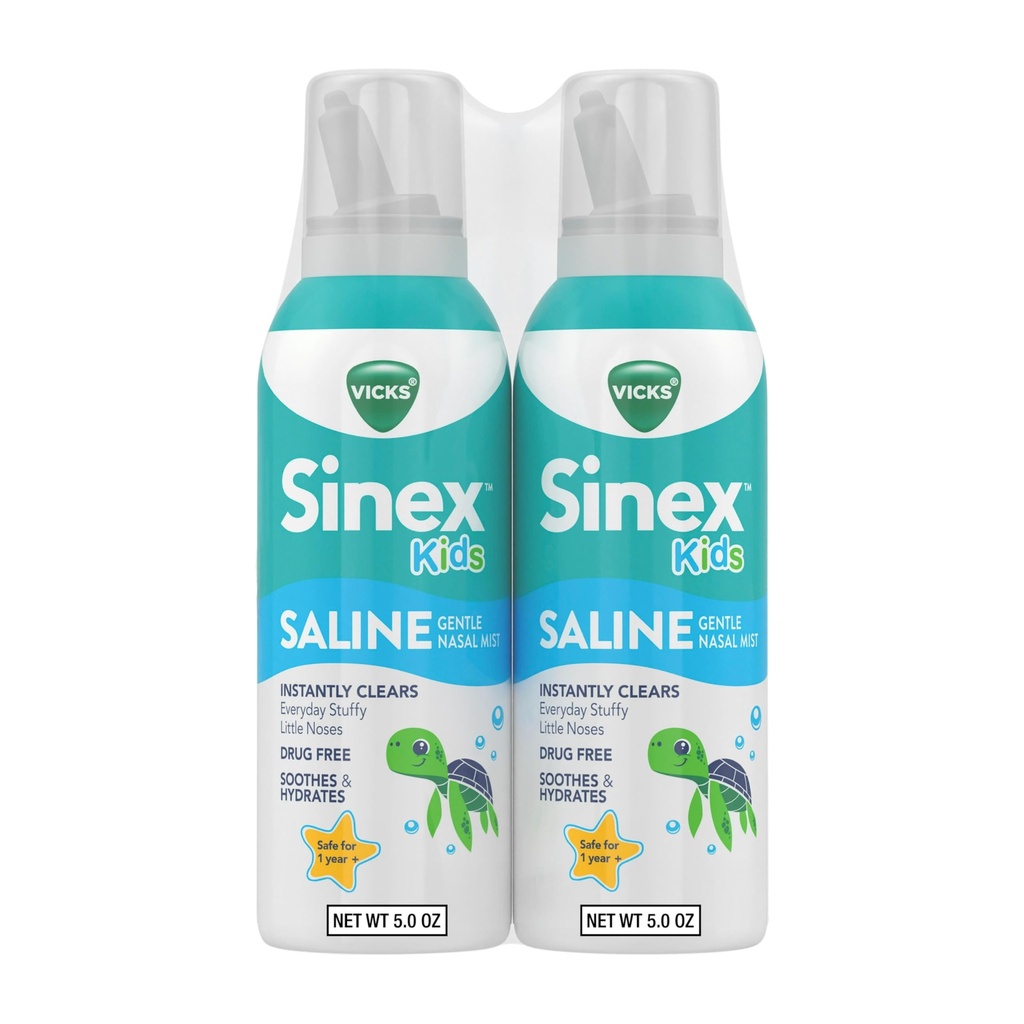 Vicks Sinex, Spray nazal salin pentru copii, Ultra Mist fără droguri Fine cu Sugestie de Aloe, Vârste 1+, Rapid în fiecare zi Stuffy nas de ajutor pentru copii, Mucus clar de la un rece sau alergie, 5 OZ x 2