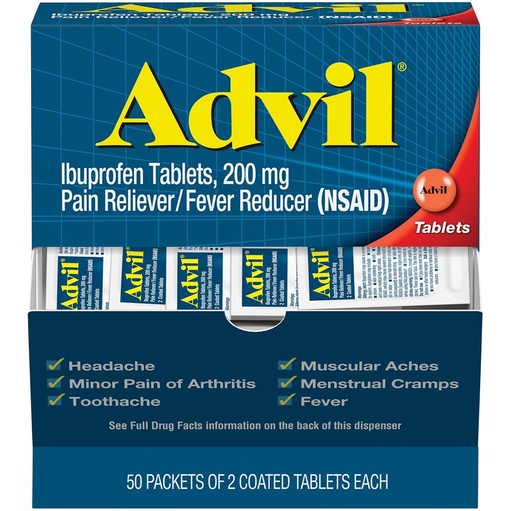 Advil Ibuprofen, 200 mg, 50 Pachete de 2 comprimate filmate (Pachet de 2)