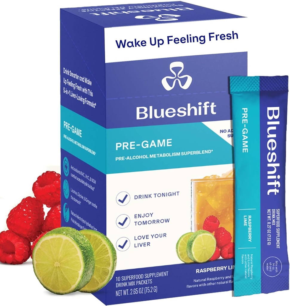 Blueshift Pre-Game - Suplimentul NAC de băut înainte, Pachete cu pulbere pentru electroliţi, Pachete de hidratare, Suport hepatic cu ghimbir, Cysteine, Thistle lapte, fără Stick-uri cu pulbere de zahăr (10 ambalaj)