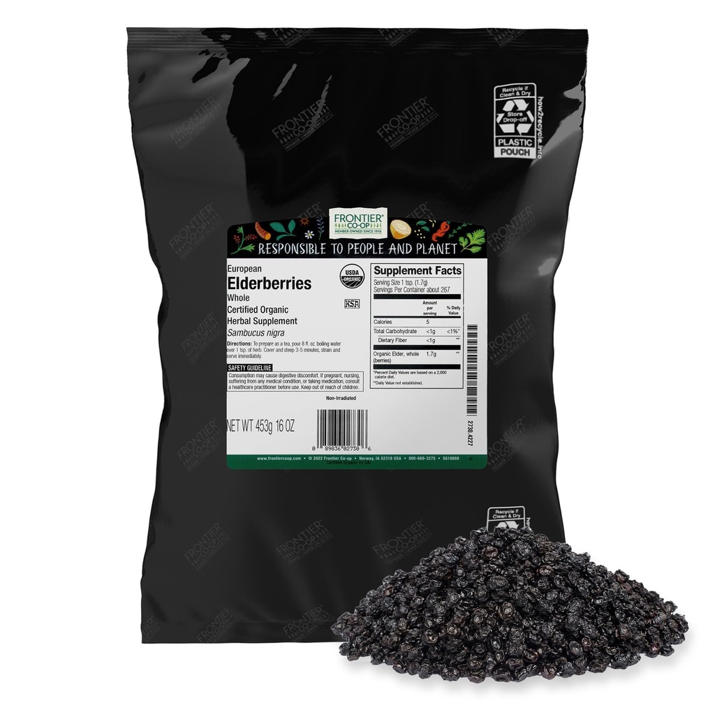 Frontier Co-op Organic Seconded Elderberberries, 1lb Bulk Bag, European Whole 