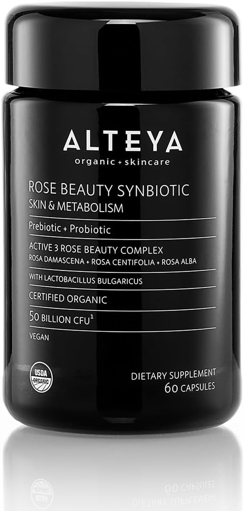 Alteya Organics Beauty Prebiotics + Probiotice și extracte de trandafiri, Frumusețea pielii din interiorul suplimentului, 50 Miliarde CFU și Lactobacillus Bulgaricus pentru față și metabolism - 60 capsule