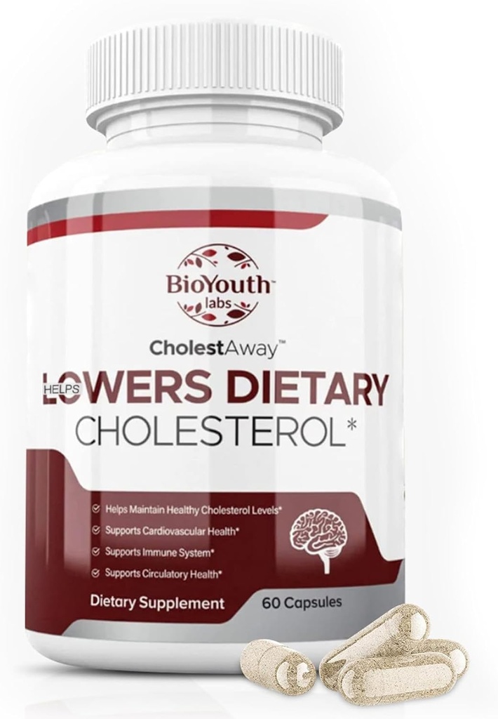 BioYouth Labs Natural Cholesterol Lowering Supplement Supliment pentru adulţi - Amestec nutritiv de Usturoi, Berberine, Extract de Coca & Soy Lecitin - 60 capsule