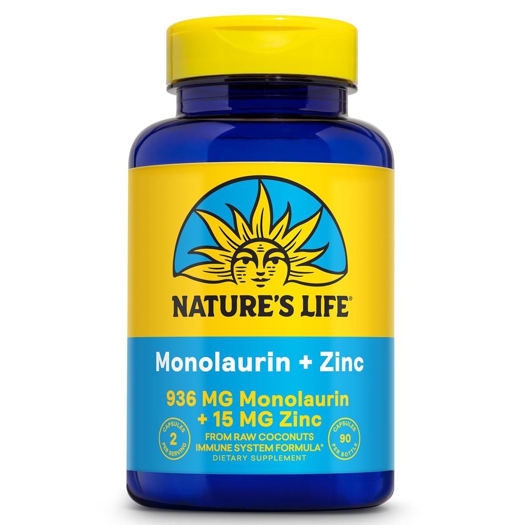 Natura's Life Monolaurin Plus Zinc Supplement Immune Supplement - 936mg Monolaurin din nuci de cocos crude, Zinc 15mg, Suporte Sanatate Gut, Balanced Gut Flora, 60-Day Guarantee, 45 Serv, 90 Capsule vegetariene