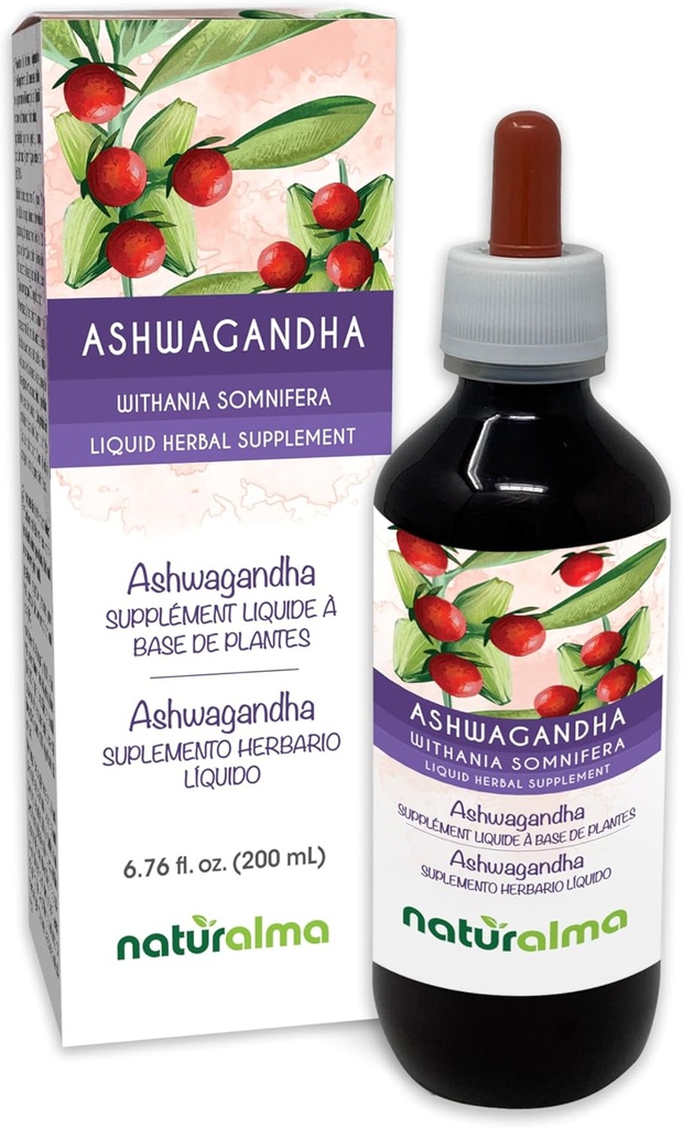 Naturalma Ashwagandha (Withania somnifera) Root Alcool-Free Tinctură - 6.76 fl oz Extract lichid în picături - Supliment vegetal - Vegan