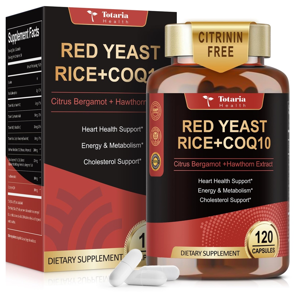 Red Yeast Rice 2.000 mg cu supliment CoQ10 - Citrinin Free Extract Red Dantelă Capsule de orez cu CoQ10 100 Plus Citrus Bergamot - Suplimente de reducere a colesterolului 3-Partida testat Vegan non-GMO