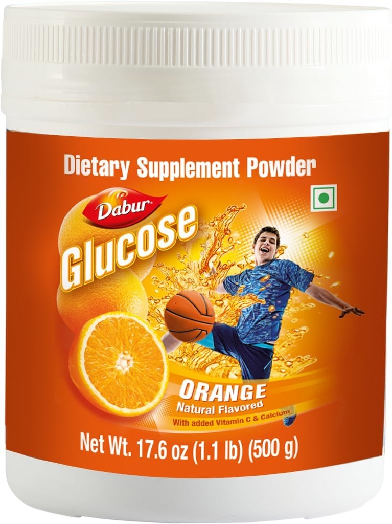 Glucoză Dabur - Pulbere de glucoză - Fortificată cu vitamina D şi calciu - O portocală gustoasă - 500 grame