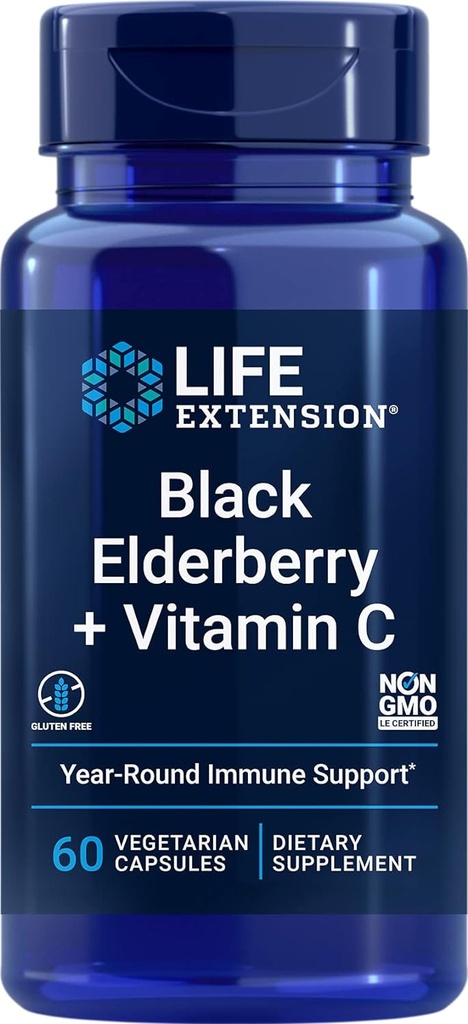 Life Extensie Black Elderberry + Vitamina C, Suport imun de zi cu zi de la Elderberry & Vitamina C, Gluten gratuit, non-GMO, Vegetarian, 60 capsule