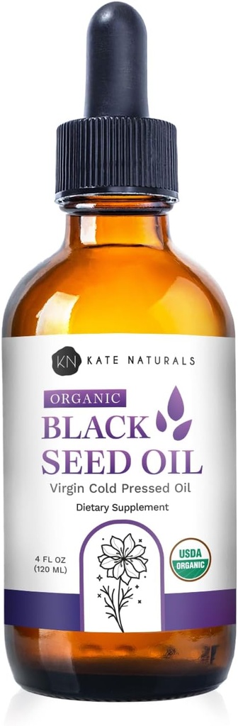 Kate Naturals Organic Black Seed Oil (4oz, Virgin, Cold Pressed, Non-GMO) Lichid Nigella Sativa pentru Immune Support & Digestion. Ulei de chimen pur pentru păr și piele