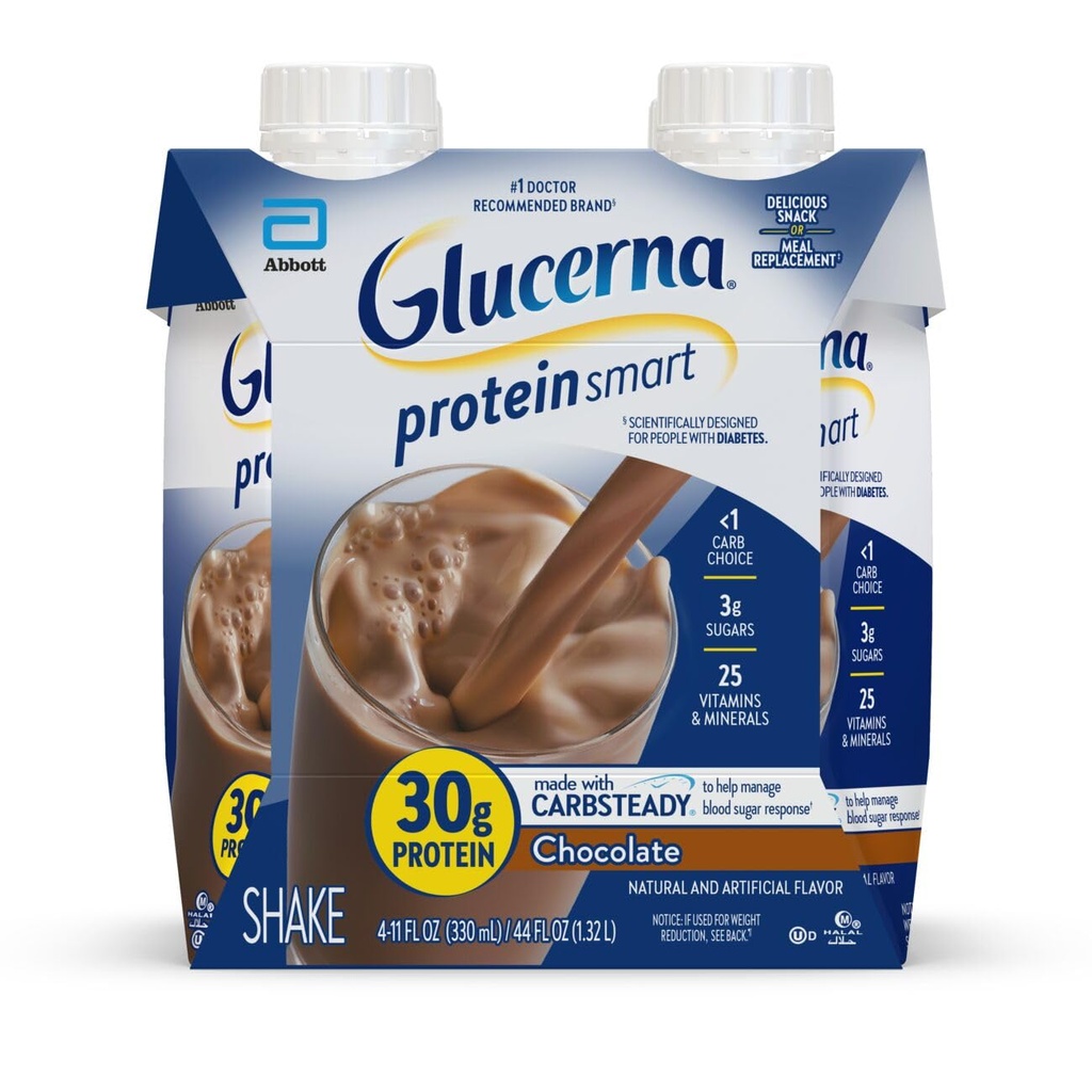 Glucerna Proteine Ingrijirea Diabetului Inteligent Shake, Ciocolata, Inlocuirea mesei diabetice pentru a sprijini Managementul Zaharului din sange, 30g Proteina, 150 Calorii, gata de baut, 11-fl-oz Sticla, 4 Pack