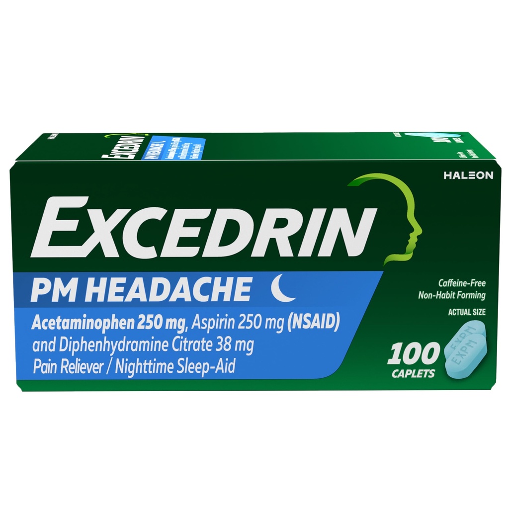Excedrină PM pentru Relief de cefalee, Acetaminofen 250mg, Aspirină 250mg, Difenhidramină Citrat 38mg, Durere Reliever, Somn-Aid pe timp de noapte, 100 Conte