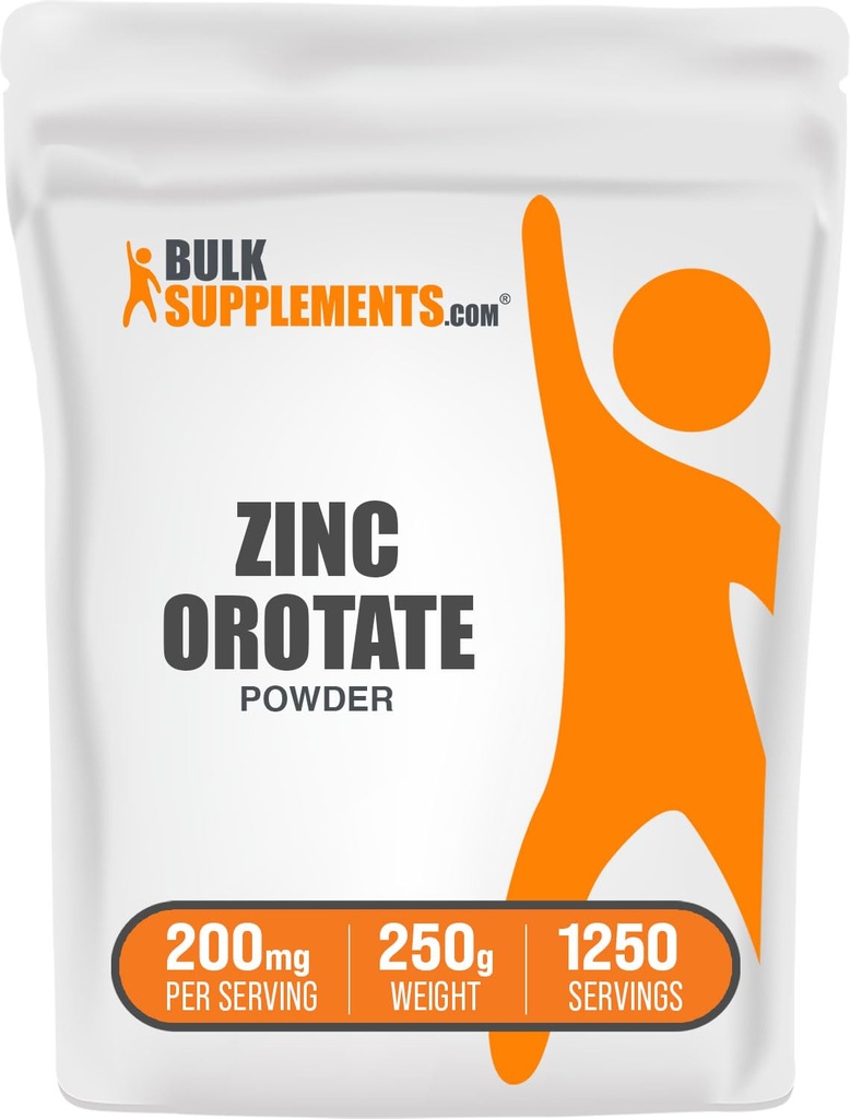 BulkSupplements.com Pulbere de orotat de zinc - Supliment de minerale de zinc, pentru suport imunitar - Gluten gratuit, 200 mg per Serving, 250g (8,8 oz) (Pachet de 1)
