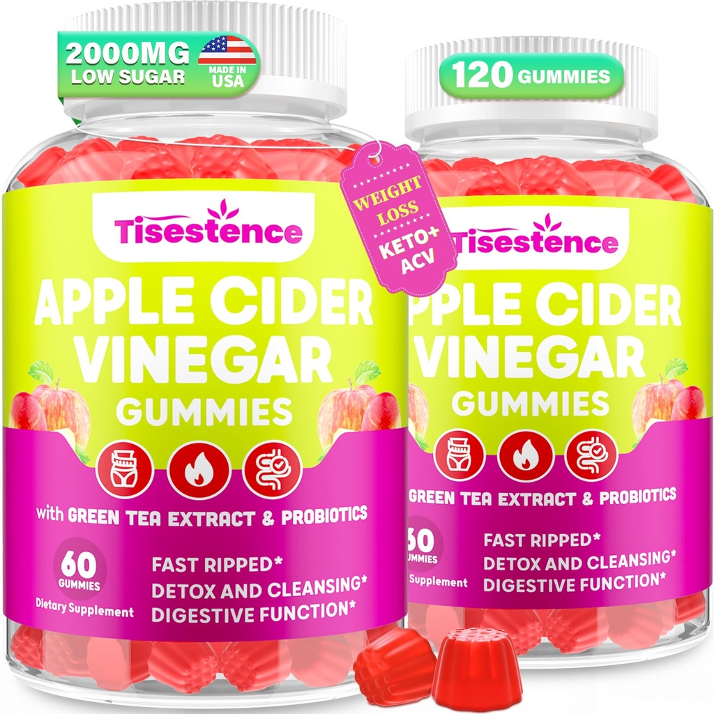 Cidru de mere Otet Gumies, Keto ACV Gummies pentru femei și bărbați, Apple Cidru Otegar Supliment cu Ceai Verde, B12, Probiotic pentru Detox Cleanse, Metabolism & Digestive Health, Vegan - 2 luni de aprovizionare