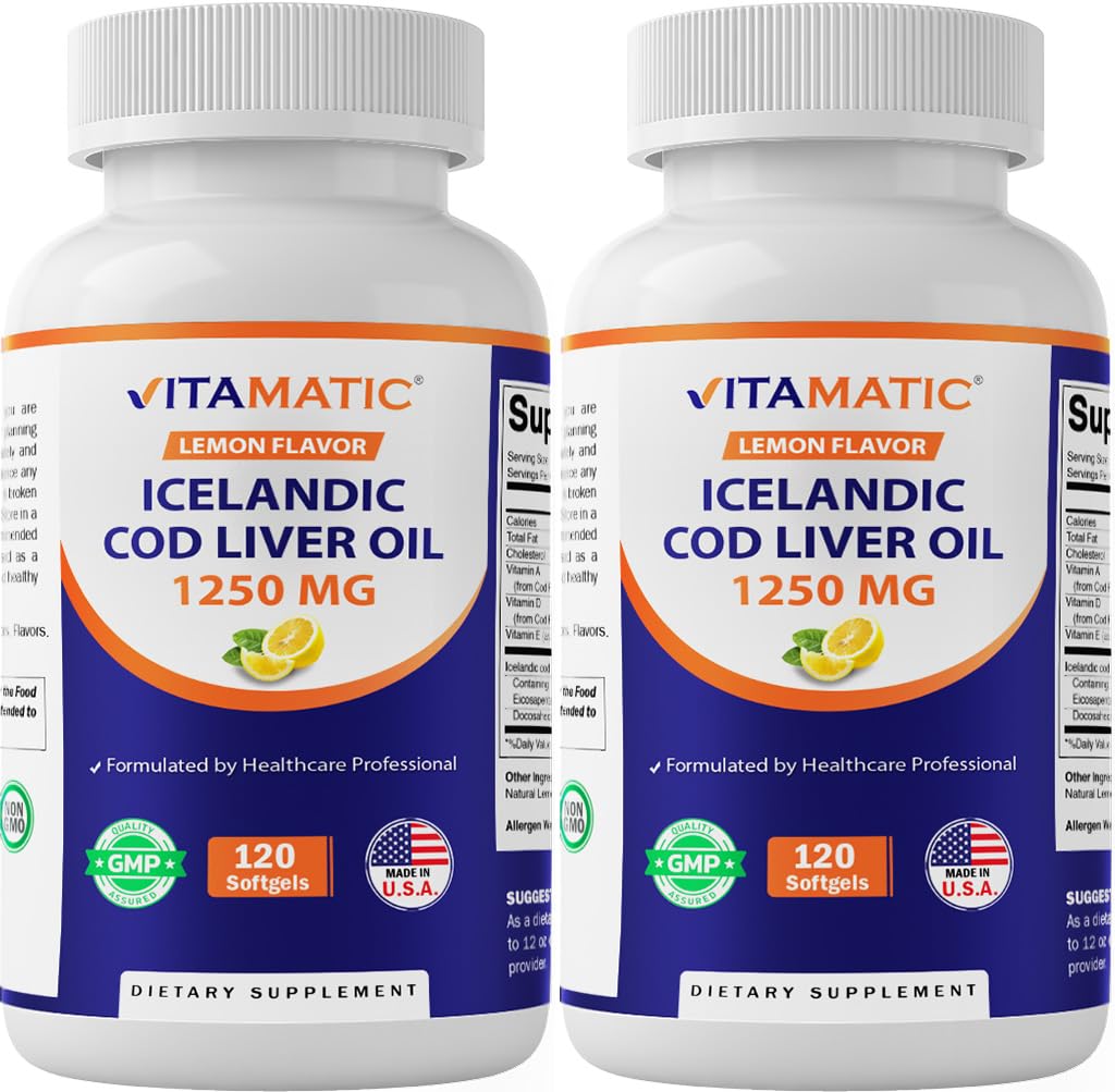 Vitamatic 2 ambalaj Islandez Cod capsule de ulei de ficat 1250 mg 120 Softgels (Lemon Flavor) - promovează sănătatea cardiovasculară