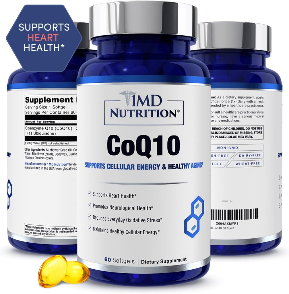 1MD Nutrition CoQ10 - pentru Heart Health & Cellular Energy Production - Supliment de sănătate pentru bărbaţi şi femei - Coenzima Q10 Softgel - 60 zile