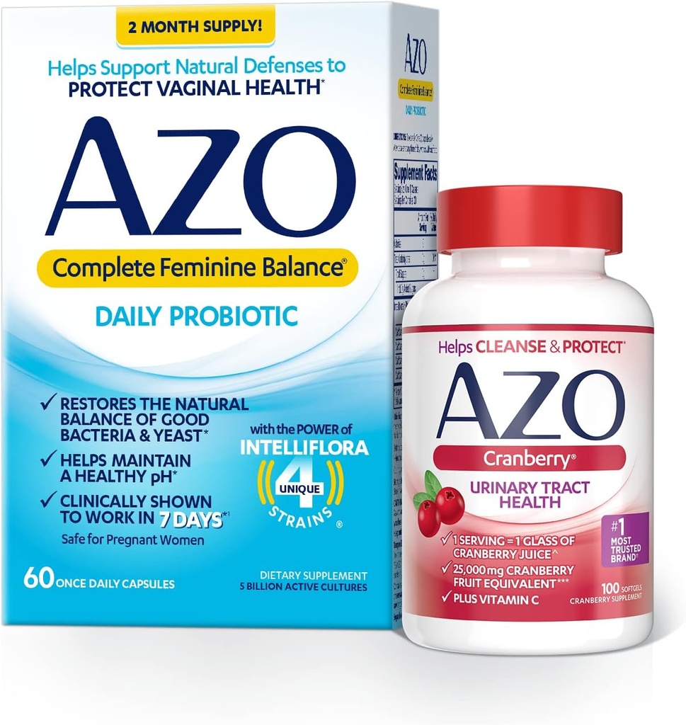 AZO Echilibru complet feminin Probiotice zilnice pentru femei (conte 60) + Softgels de afine pentru sanatatea tractului urinar (100 Conte)