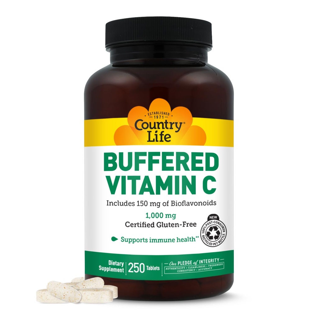 Viaţa de ţară Buffered Vitamina C 1000mg cu Bioflavonoids, Calciu, Magneziu, Potasiu - Suport imunitar, Capsule Vegane, Gluten-Free, Blând pe Stomac - 250 comprimate