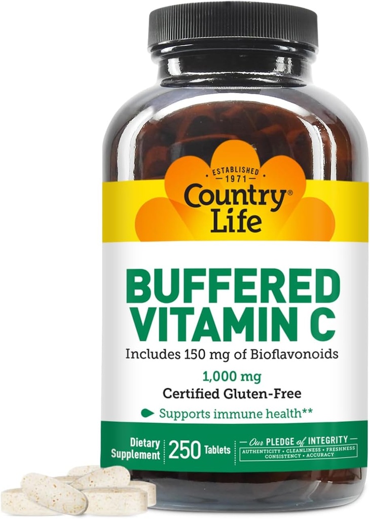 Viaţa de ţară Buffered Vitamina C 1000mg cu Bioflavonoids, Calciu, Magneziu, Potasiu - Suport imunitar, Capsule Vegane, Gluten-Free, Blând pe Stomac - 250 comprimate