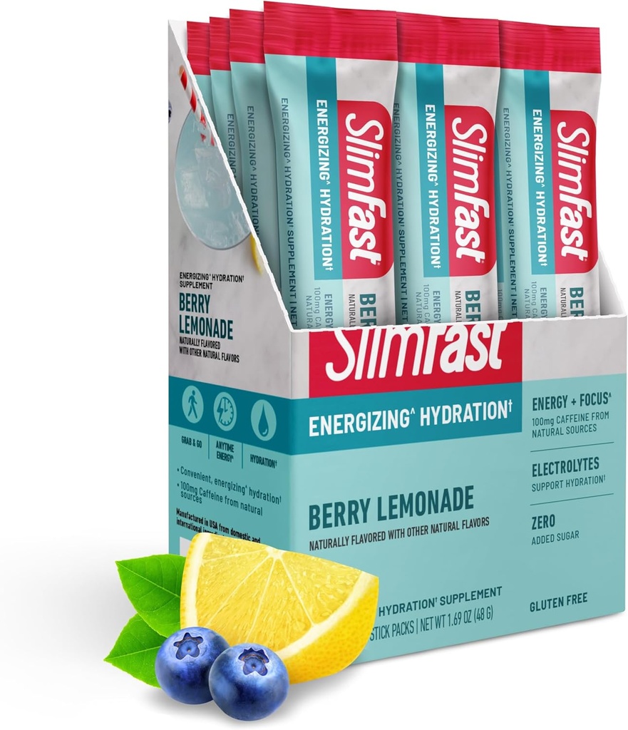 SlimFast Hidration Packets, Intermittent Fasting Electrolites, Drink Mix Packets, Intermittent Fasting Powder, Energy Powder Drink Mix, Cafeina, Electrolites for Hydration, Berry Lemonade (12 Count)