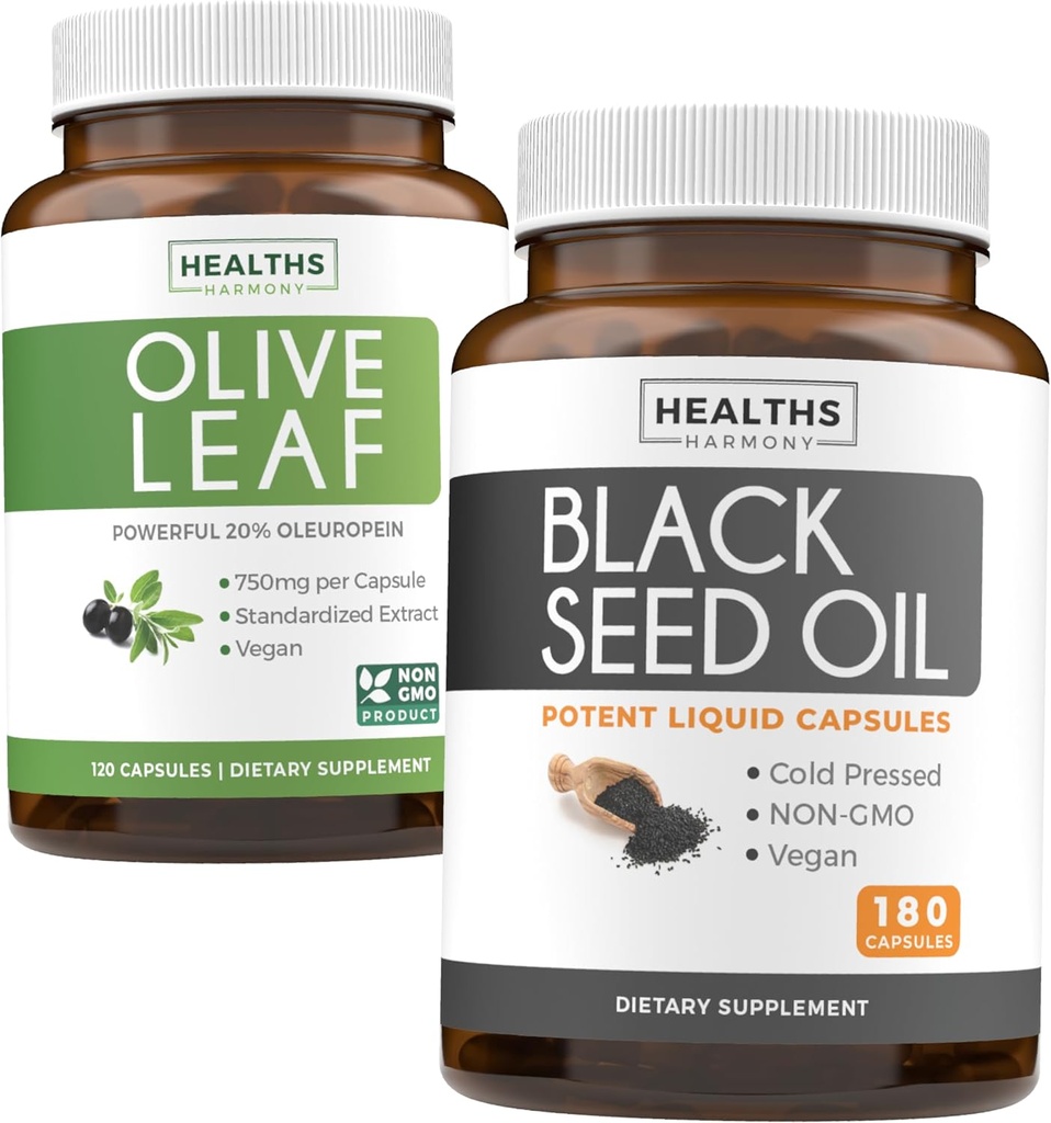 Olive Leaf & Black Seed Oil (3-Month Supply) Leaf & Seed Bundle of Olive Leaf extract (120 capsule) Super Putere și ulei de semințe negru (180 capsule) Cold presat Nigella Sativa Cumin Seed