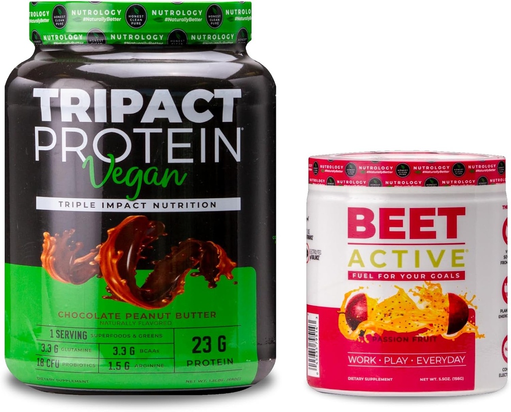 Nurology TRIPACT Pudra de proteine din Vegan, pentru Shake-uri de proteine din Vegan, Unt de arahide de ciocolată (20 serviri) & Sfeclă activă, Aroma de fructe din pasiune (30 Serviri)