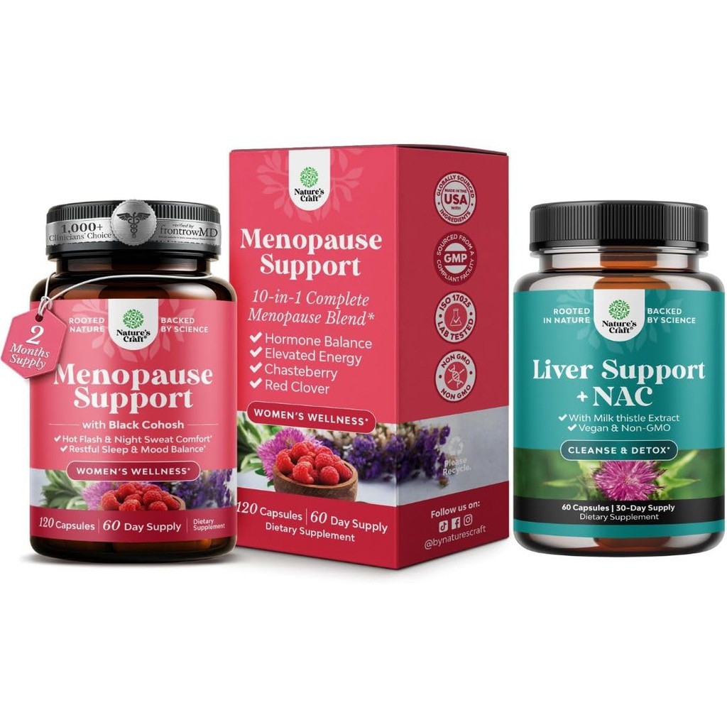 Bundle of Total Menopause Supplement with Dong Quai Vitex Chaste Berry & Black Cohosh for Natural Hormone Supplement and Liver Supplement with Milk Thistle for Liver Cleanse Detox & Reparation