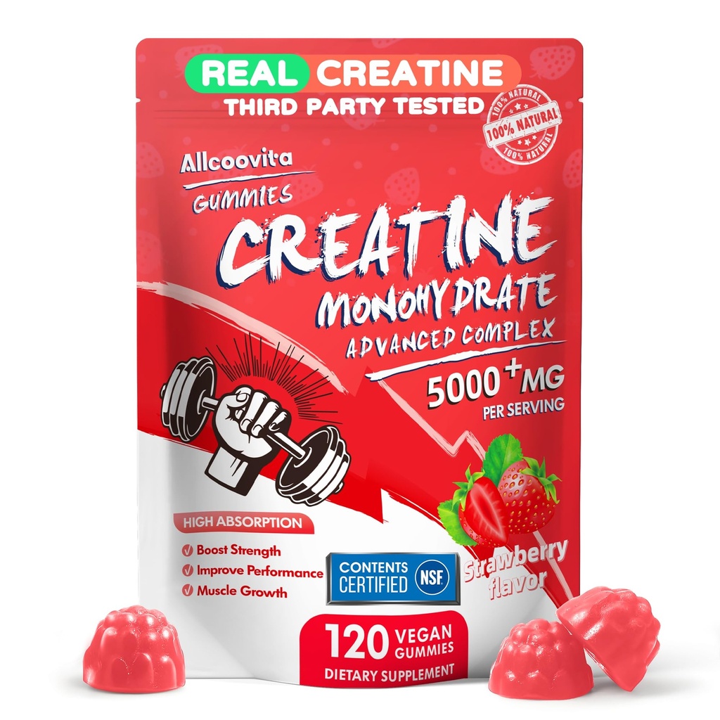 Complexul de gume monohidratate pentru bărbaţi şi femei,5 Gram pe electrolitice Creatine Gummy pentru forţă musculară, Constructor muscular, Boost de energie, Supliment de lucru-120 gume de căpşuni