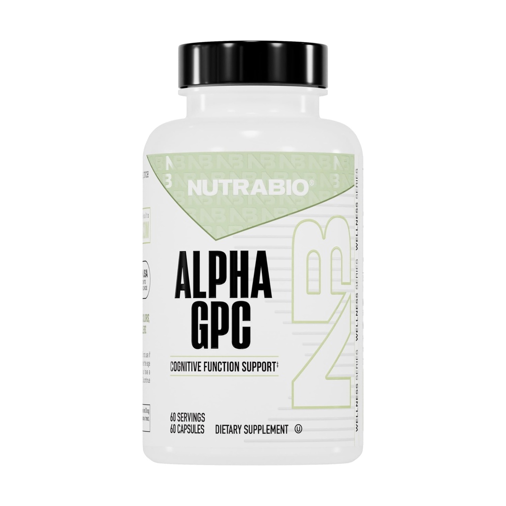 NutraBio Alpha GPC, Brain Support & Funcţie de memorie îmbunătăţită, 300mg - 60 capsule vegetale