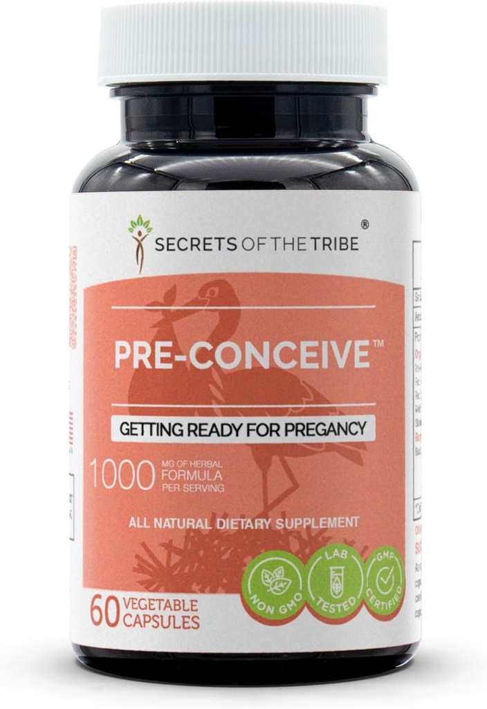 Secretele tribului Pre-Conceive, 60 capsule, 1000 mg, Vitex, Red Raspberry, Black Cohosh, Red Clover, White Peony, Shatavari. Pregatirea pentru Pregatire 60 capsule