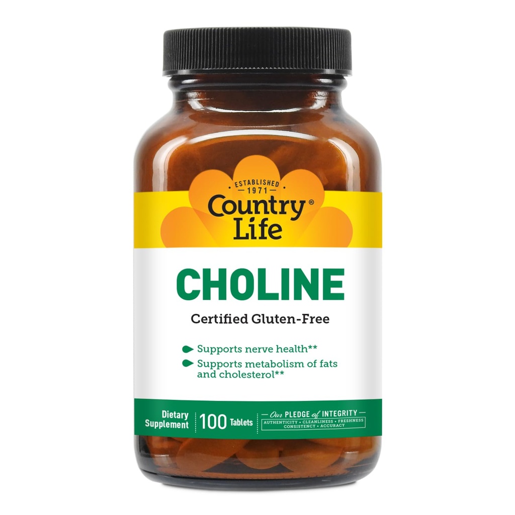 Country Life Choline 266mg, Certified Gluten Free, Certified Vegan, Certified Halal - 100 Comprimate