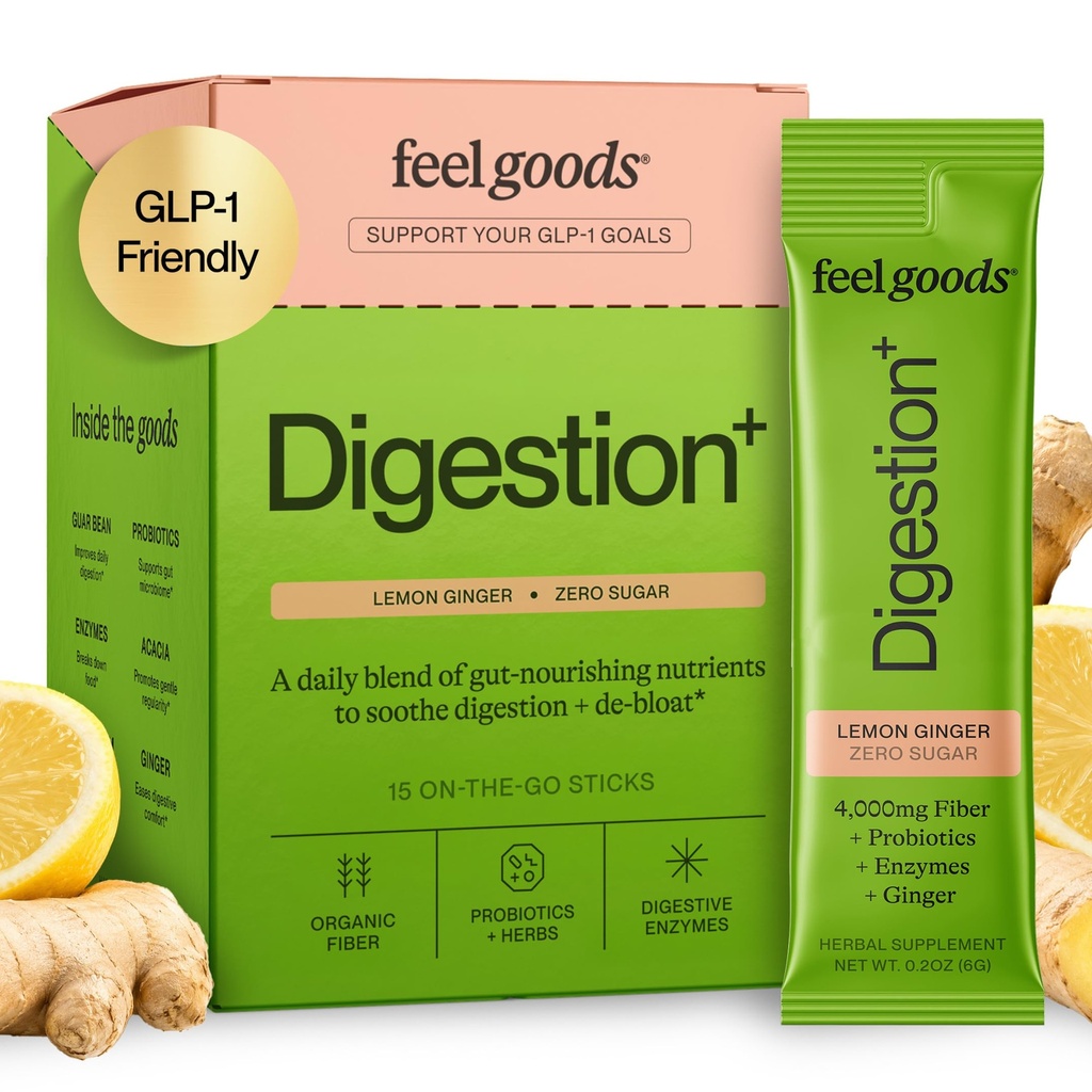 Feel Goods Gut Guardian, Organic Fiber, Probiotic & Prebiotic Powder, Sugar Free, Herbs for Bloat, Gut Health Support, Digestive Health for Men & Women, Non OMG, Vegan, Lemon Ginger, 15 Count