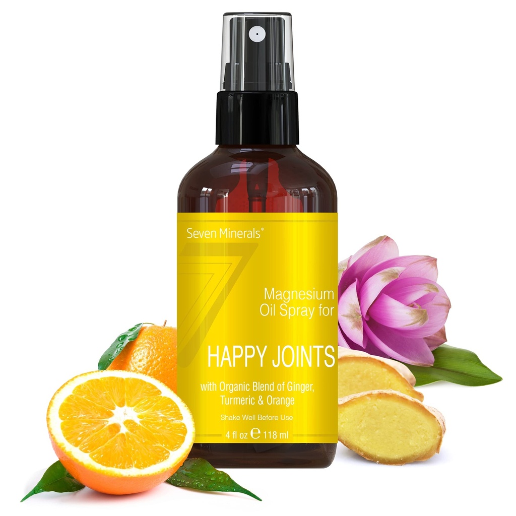 Șapte Minerale, Articulații de magneziu Fericit Spray - SUA puternic amestec de ulei de magneziu Made cu uleiuri esențiale (Turmeric, Ginger și Orange) - Ebook gratuit Inclus (4 fl oz)