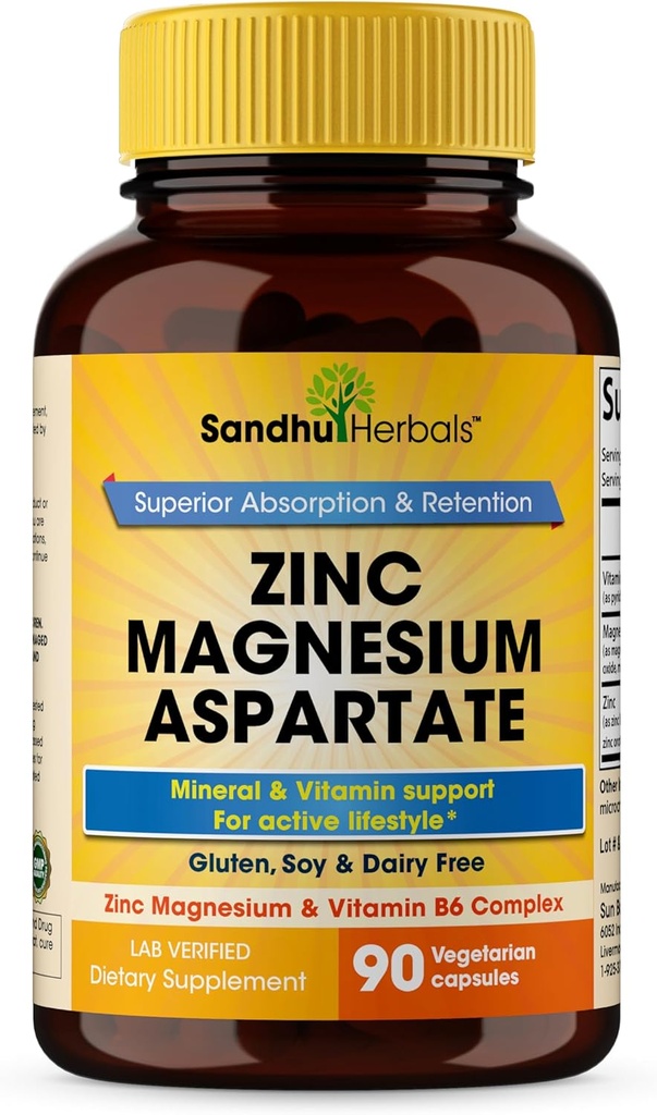 SANDHUHERBALS Zinc Magnesium Aspartate Supplement 90 Capsules| with Vitamin B6 & Zinc | High Absorption, Sleep and Immune Support | for Men & Women