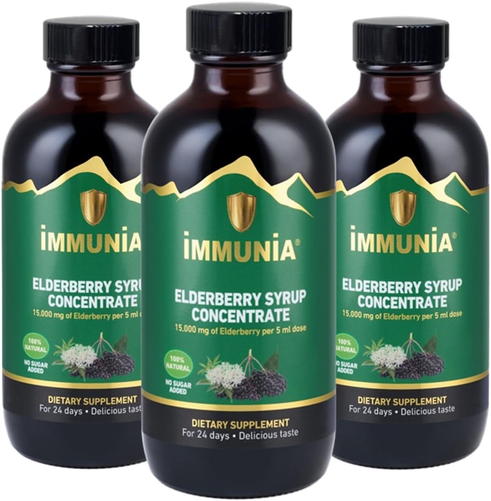 Imunia Elderberry Syrup ajută la consolidarea sistemului imunitar. Concentrează-te cu Elderflower, Cimbru şi Mentă. Fără zahăr adăugat. Gust delicios. 24 zile/Sticlă. (3-Pachet)