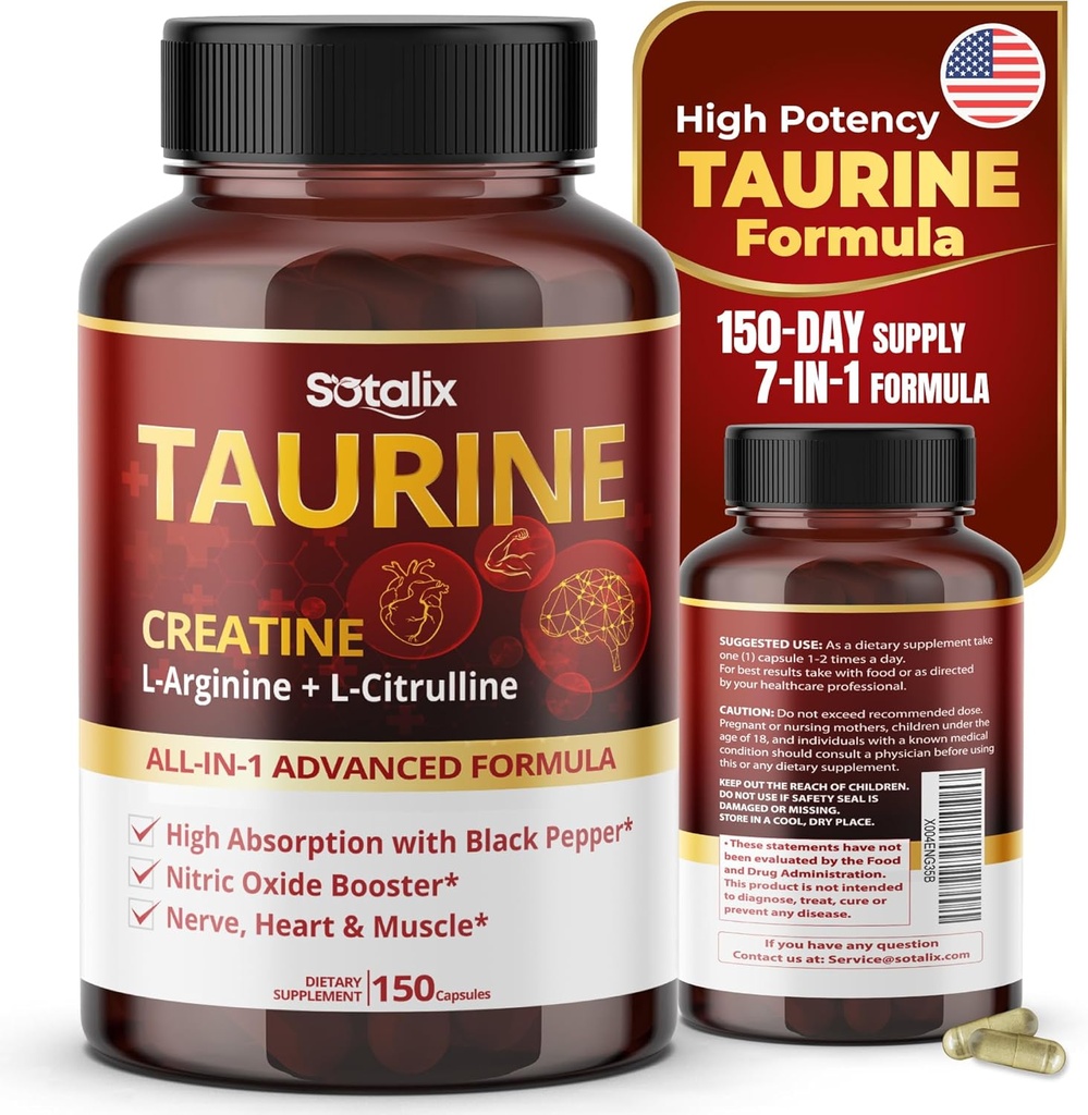 Taurină cu Creatină, L-Arginină, L-Citrulină Absorbție ridicată cu Black Pepper Nitrit oxid, Muscle USA Made & Tested (150 Count (Pachet de 1)