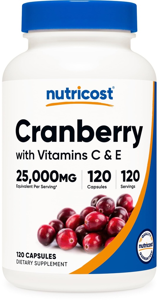 Nutricost Cranberry Extract (25,000 mg) (120 capsule) cu vitamina C & Vitamina E