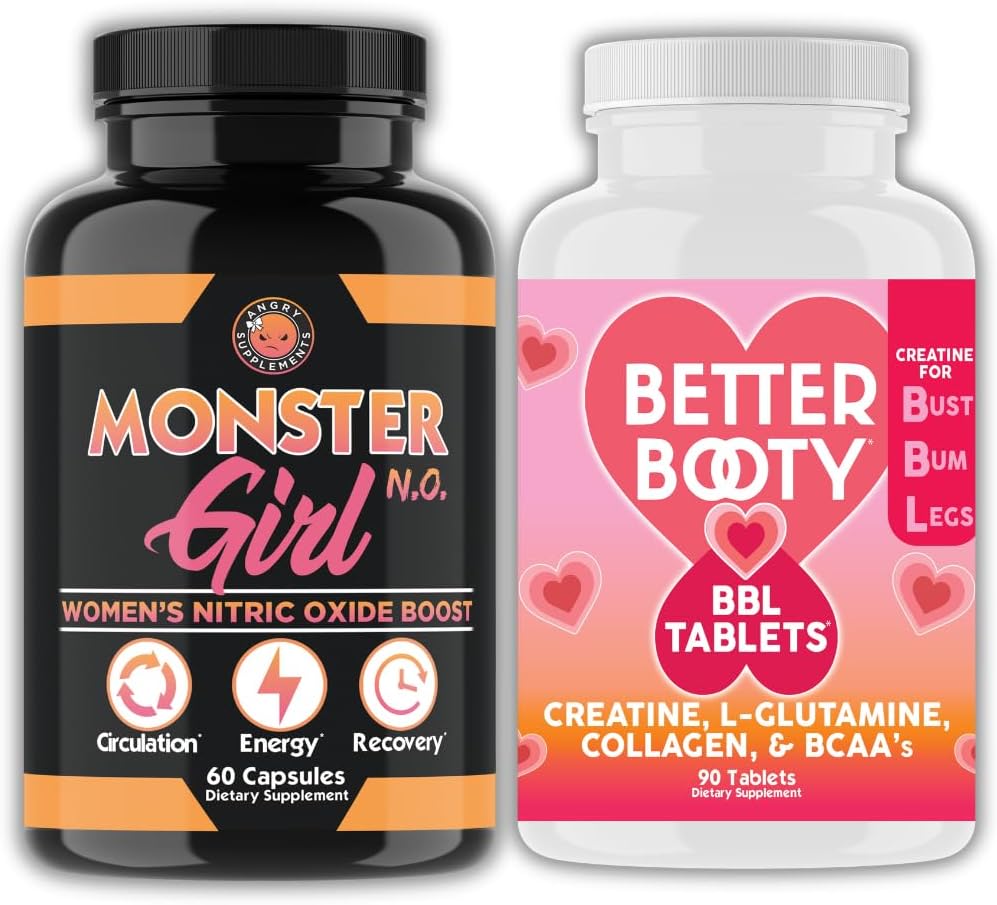 Angry Suplimente Feminin de antrenament Bundle: monstru fata N.O Nitric oxid Booster 60ct + Creatine Complex Tablets 90ct 2 Sticle Total