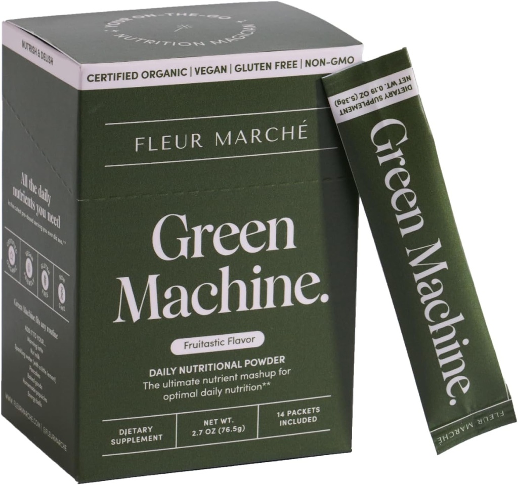 Fleur Marche Green Machine Super Greens Packets - Greens organice, fructe și probiotice - Superalimente pentru digestia, energie, Microbiome Support & Detoxifiere - On-The-go Green Juice - 14 Pachete