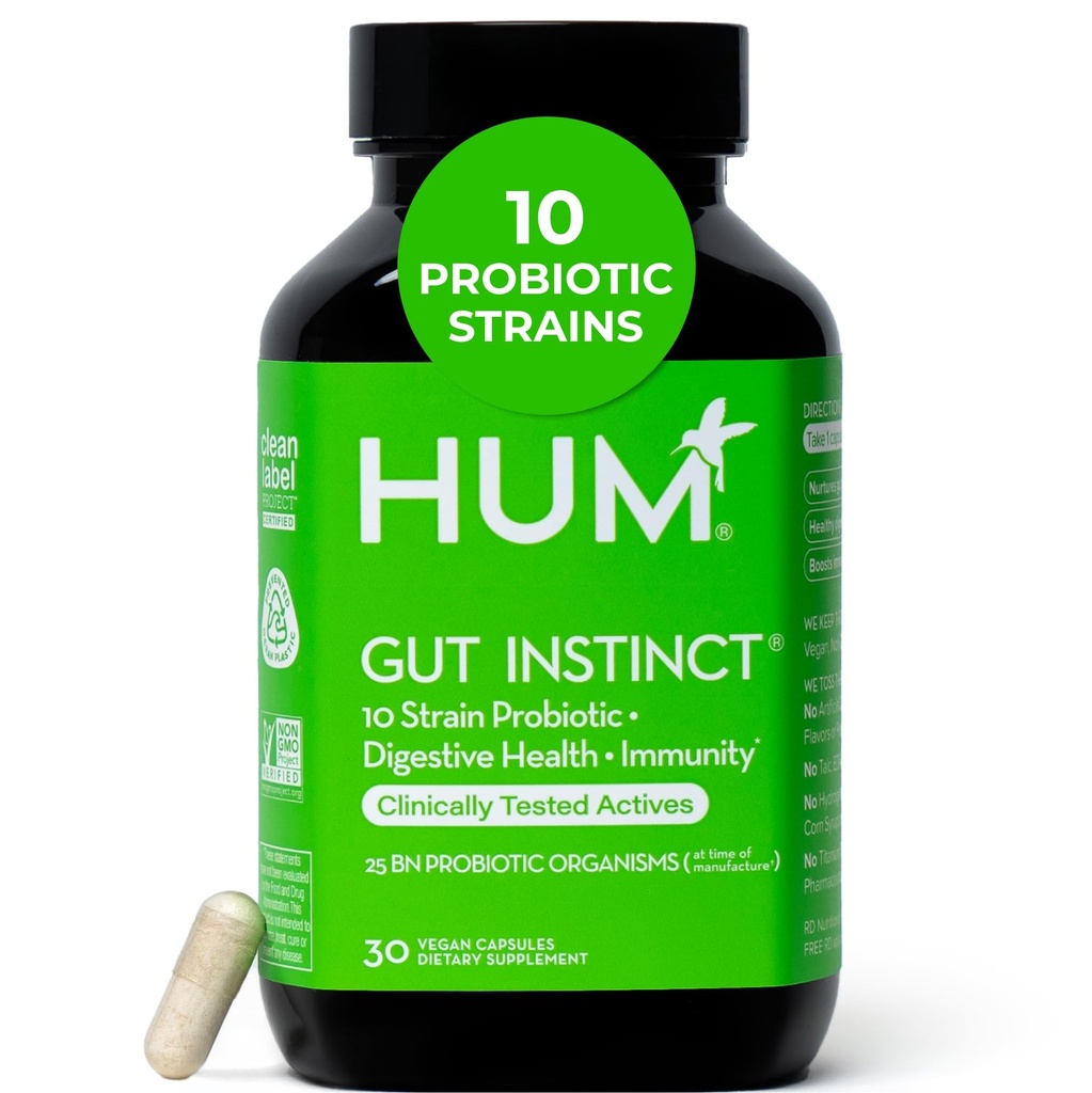 HUM Instinct Probiotice zilnice pentru femei și bărbați, Digestive Health, Lactobacillus, Bifidobactery Strains for Immune Support, Probiotic Supliment pentru Diversitate Sanatos Gut, 30 capsule
